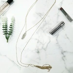Feather & Tassle 2 Layer Necklace • Gold